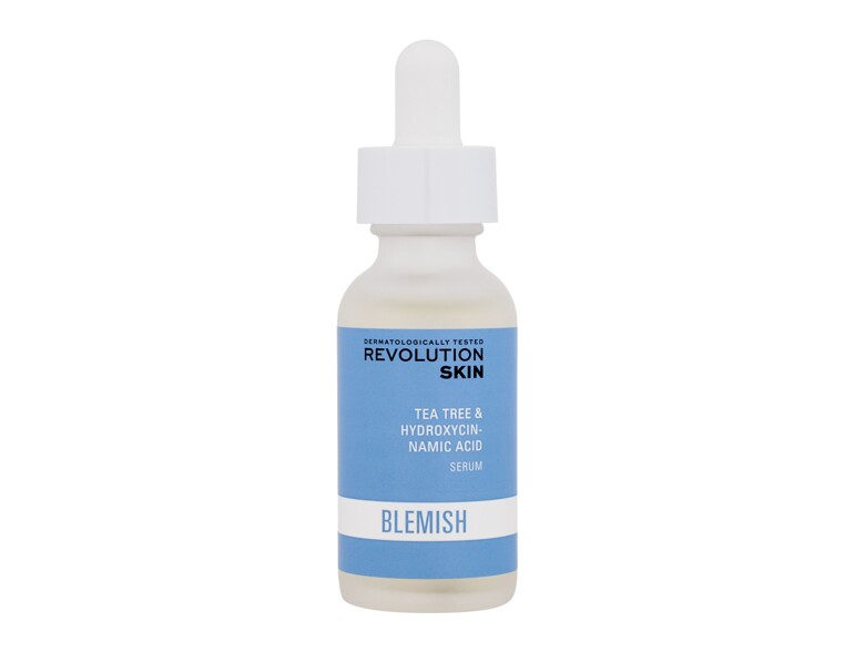 Siero per il viso Revolution Skincare Blemish Tea Tree & Hydroxycinnamic Acid Serum 30 ml scatola da